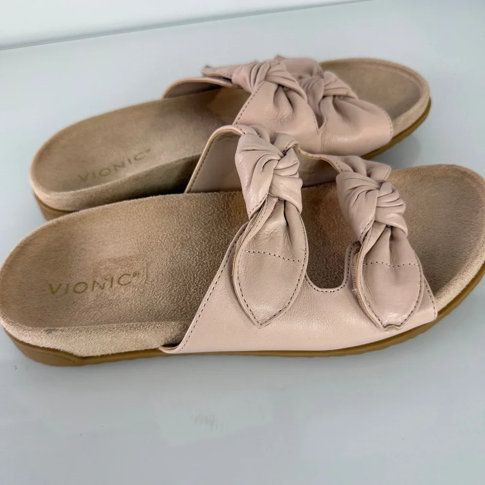 Vionic Elara Slide Sandals Womens 8.5 Pink Leather Knotted Adjustable Straps